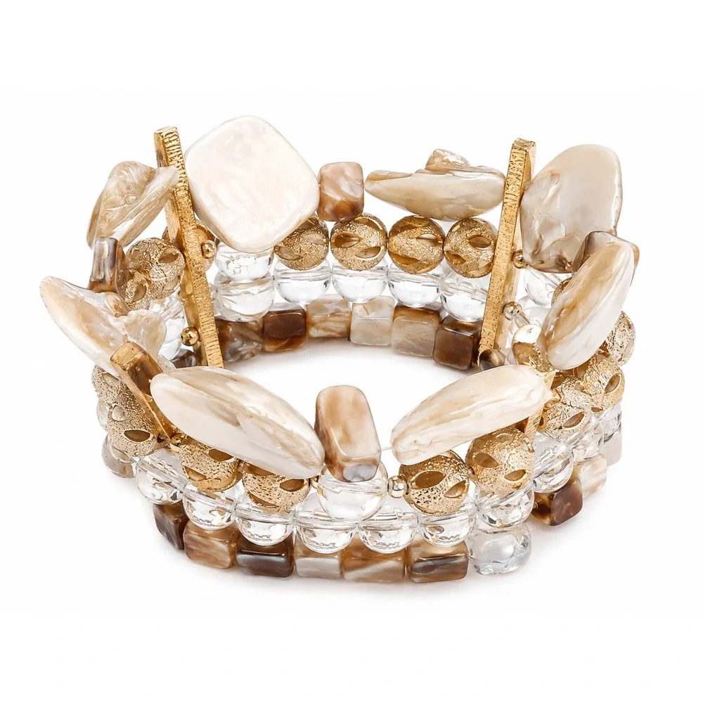 Mother-of-pearl Nuggets Stretch Cuff Bracelet Gold Clear Beaded Accents